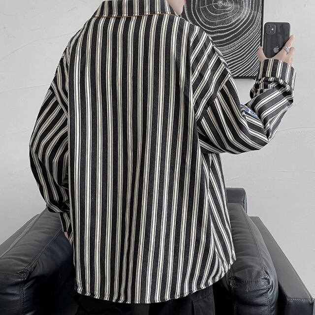 予約販売】シャツ 長袖 メンズ ストライプ柄 オーバーサイズ レトロ