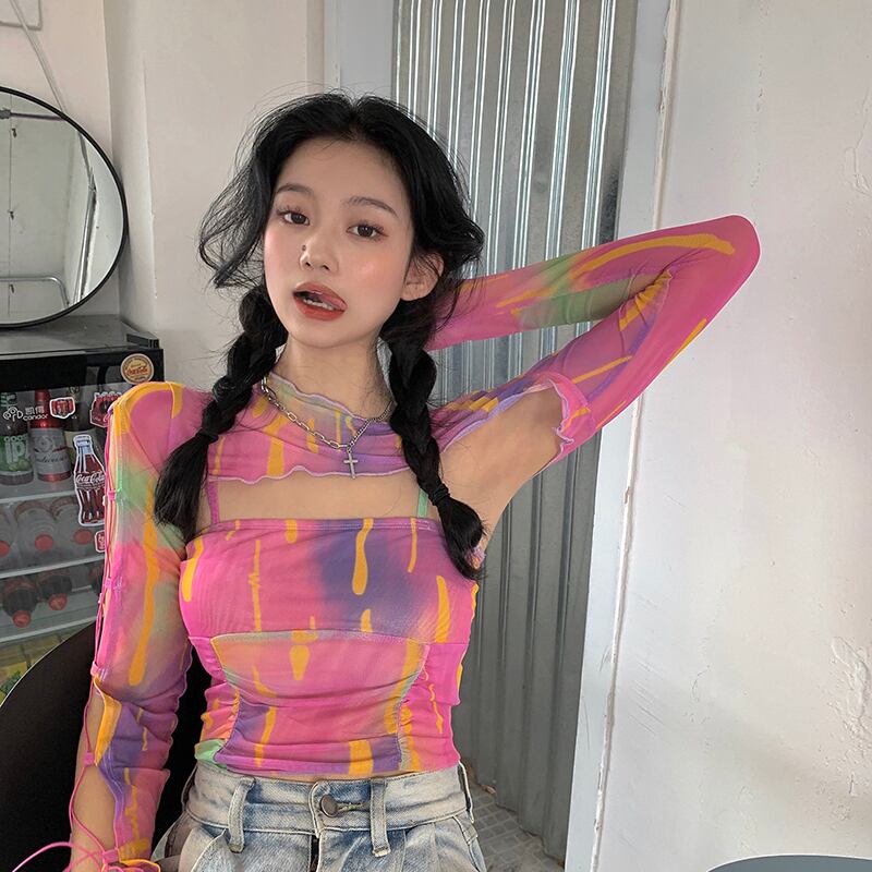 偽の2つの絞り染めタイトフィット長袖日焼け止めTシャツ女性の夏のショートスリムトップス2020新しい潮 ブラックストロベリース80768466942