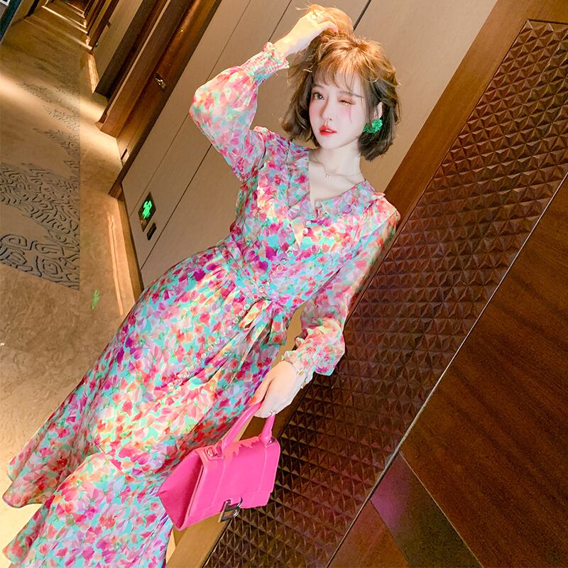 Vネックサイドウェストフローラルドレス スプリング 大人ガーリー スウィート キュート カジュアル 春物 花柄 シルク MIUCO47317177513