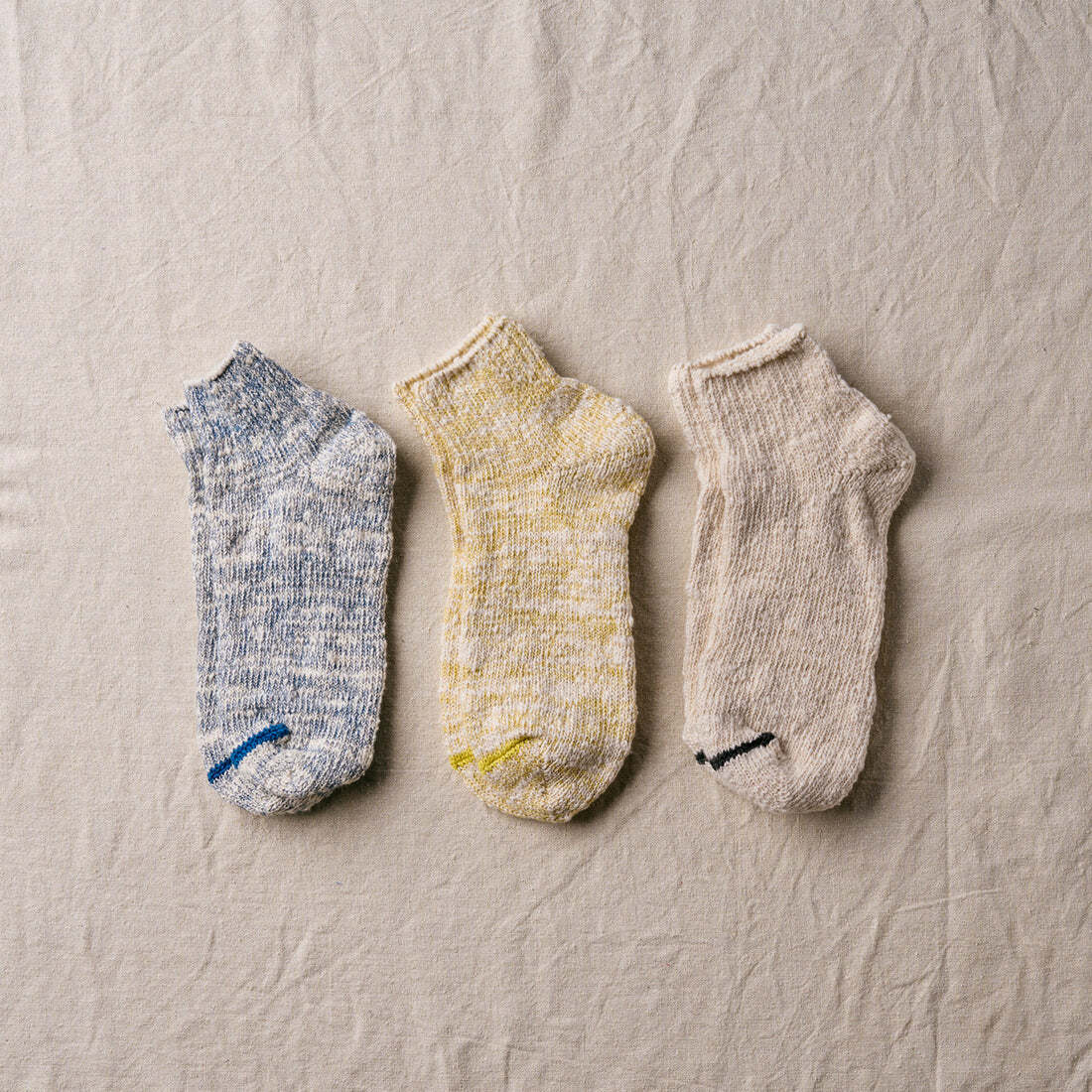 日本製 yahae (ヤハエ) "Garabou" Organic Cotton Ankle Socks ("ガラ紡"オーガニックコットンアンクルソックス) 琉球フクギ, 天然藍, 生成り / 靴下の本場・奈良広陵町製