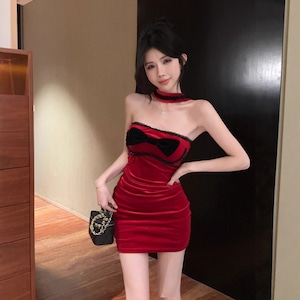 Lady's coco ミニドレス キャバドレス セクシー ベロア チューブトップ キャミワンピース ホルターネック リボン付き タイト LW2-OYF2661
