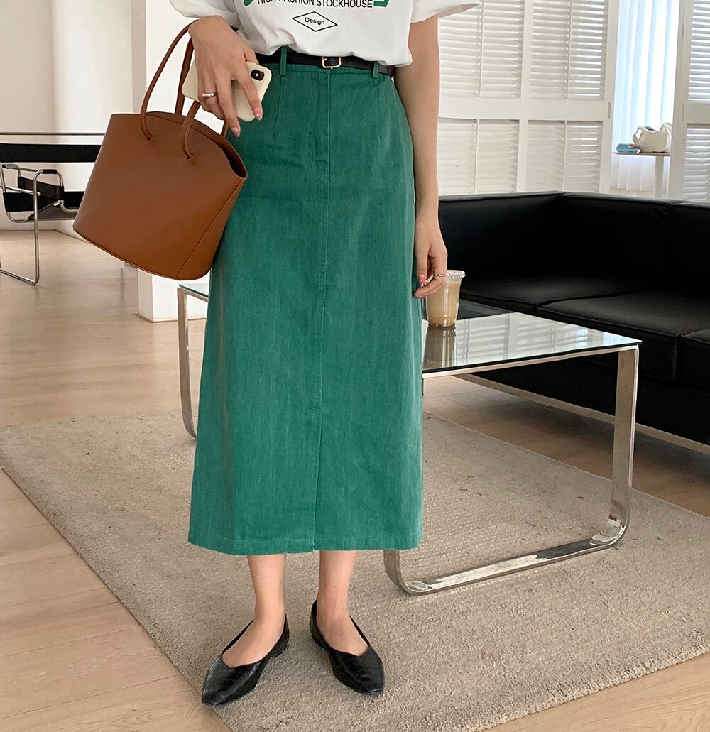 ミディ丈グリーンデニムスカートmn744 Me Nt ミーノット