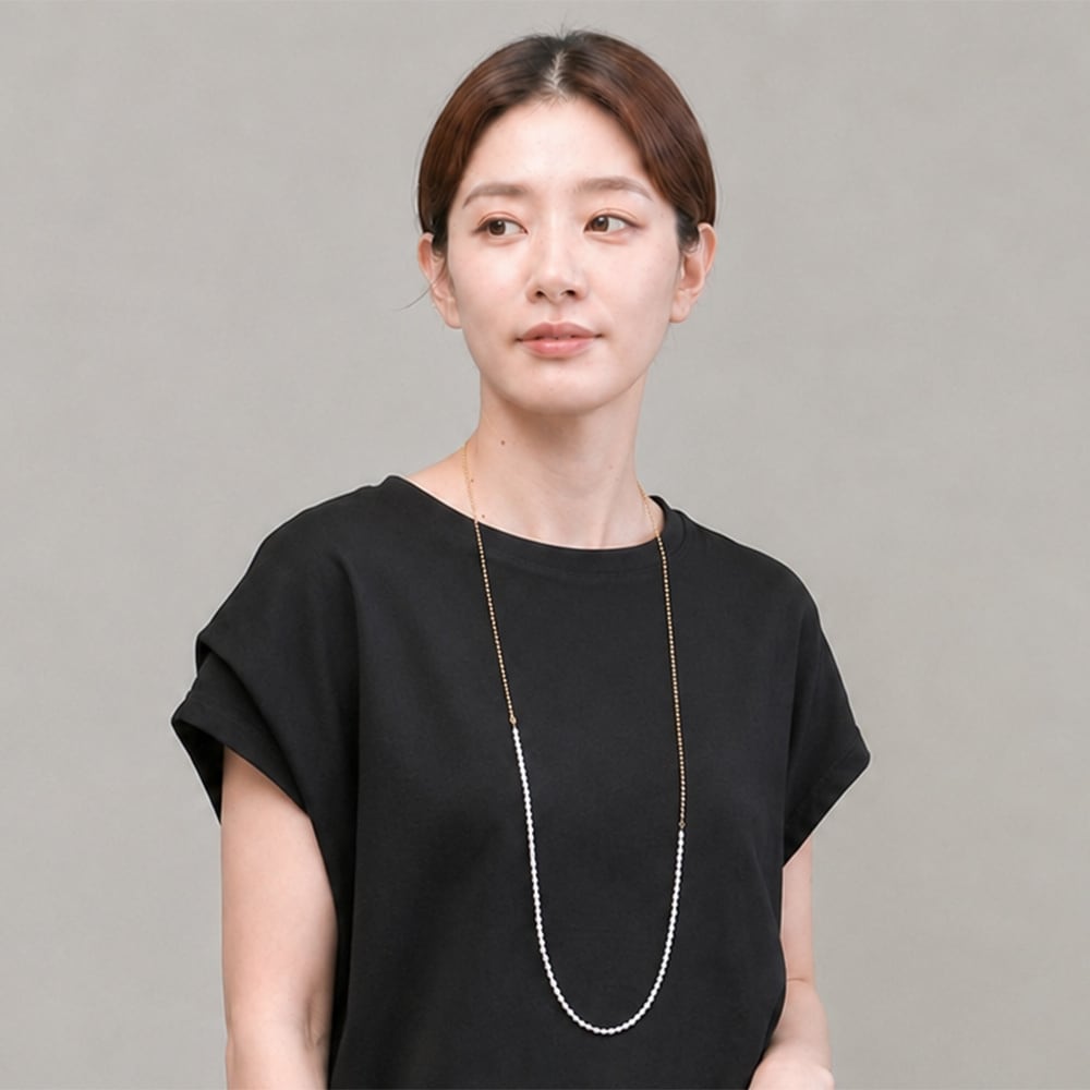 完売品♡5way淡水パールロングチェーンネックレス 淡水ライスパール × ボールチェーン ロングネックレス / 90cm マンテル