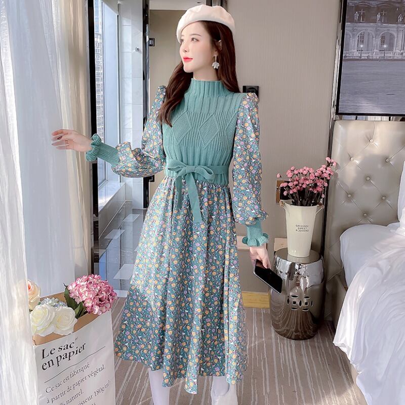 フラワーコーデュロイニットコンビワンピース 707 Ru Mint