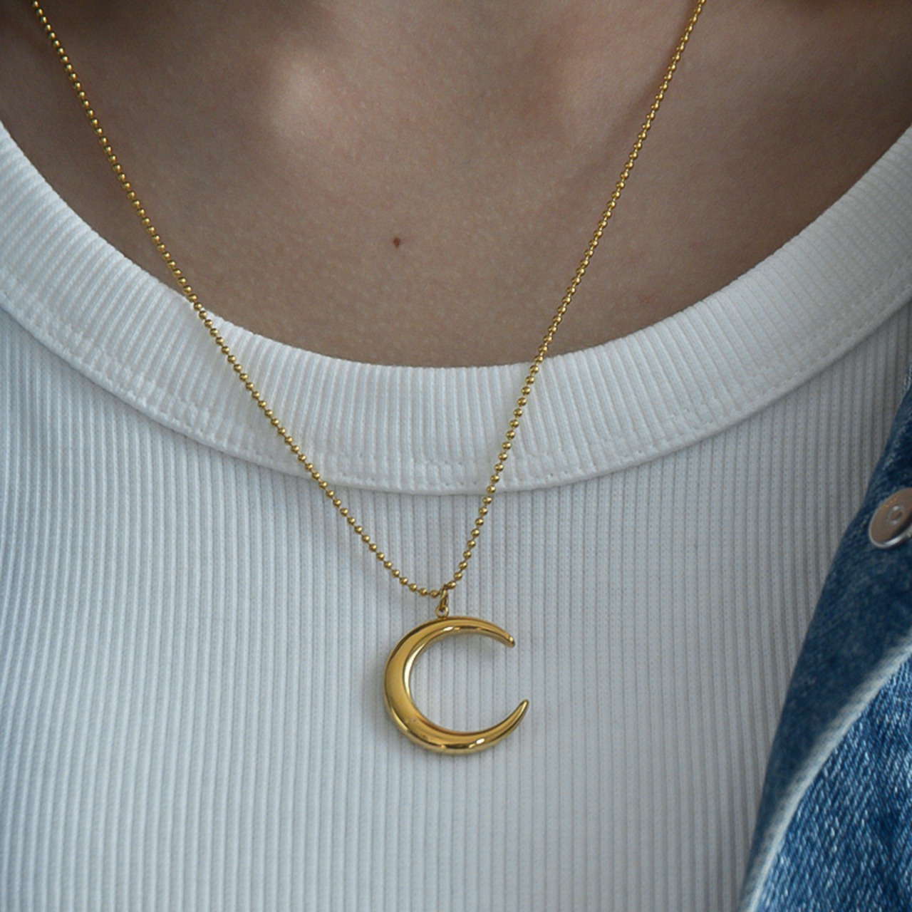 【ネコポス便】金属アレルギー対応 ネックレス 三日月モチーフ M ボールチェーンネックレス  2434