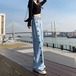 デニムボトムスショートパンツ初秋ジーンズワイドパンツモップパンツ着痩せ刺繍ハイウエスト