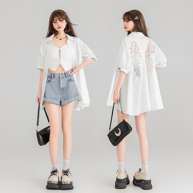 【KEIKOシリーズ】★シャツ★ 2color 半袖 トップス レディース 蝶々 透かし彫り 黒 白 ピンク 日差し防止