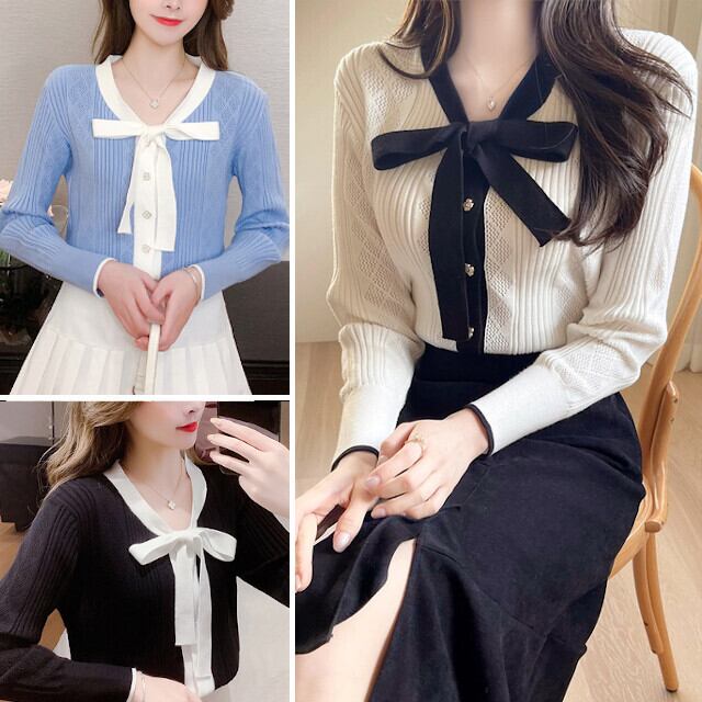 全3色 レディース トップス フェミニン リボン フラワーボタン ニット 長袖 アイボリー/ブラック/ブルー