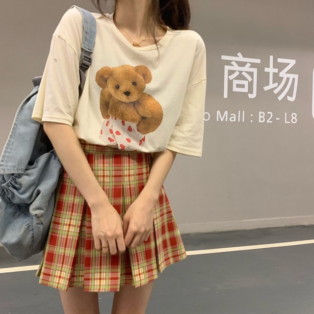 プリント柄Tシャツ 格子柄スカート サマー 夏物 kumikum10967654335