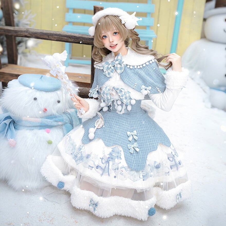翠*能様 ロリータファッション一式まとめ売り④　甘ロリ·ゴスロリ·S~Mサイズ 甘ロリ 3点セットアップ アイスブルー×ファー装飾 ウィンター｜WithU