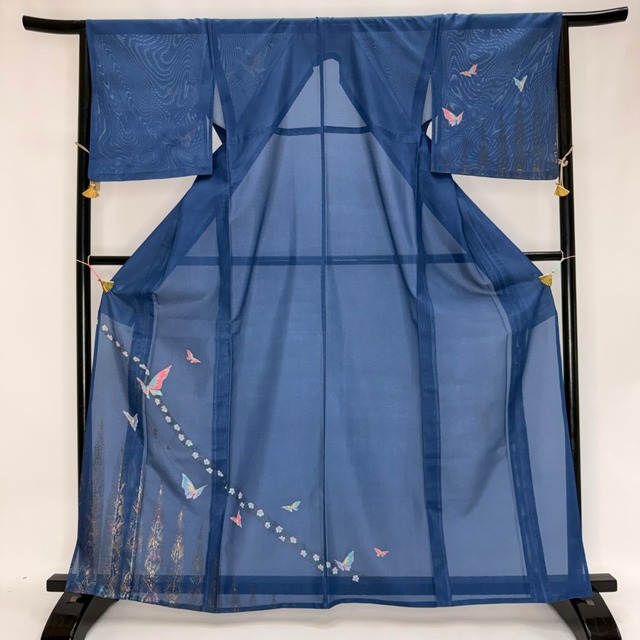 訪問着 付け下げ 絽 夏用 夏 洗える着物 礼装 ポリエステル 裄66cm M サイズ 紺 青 6134