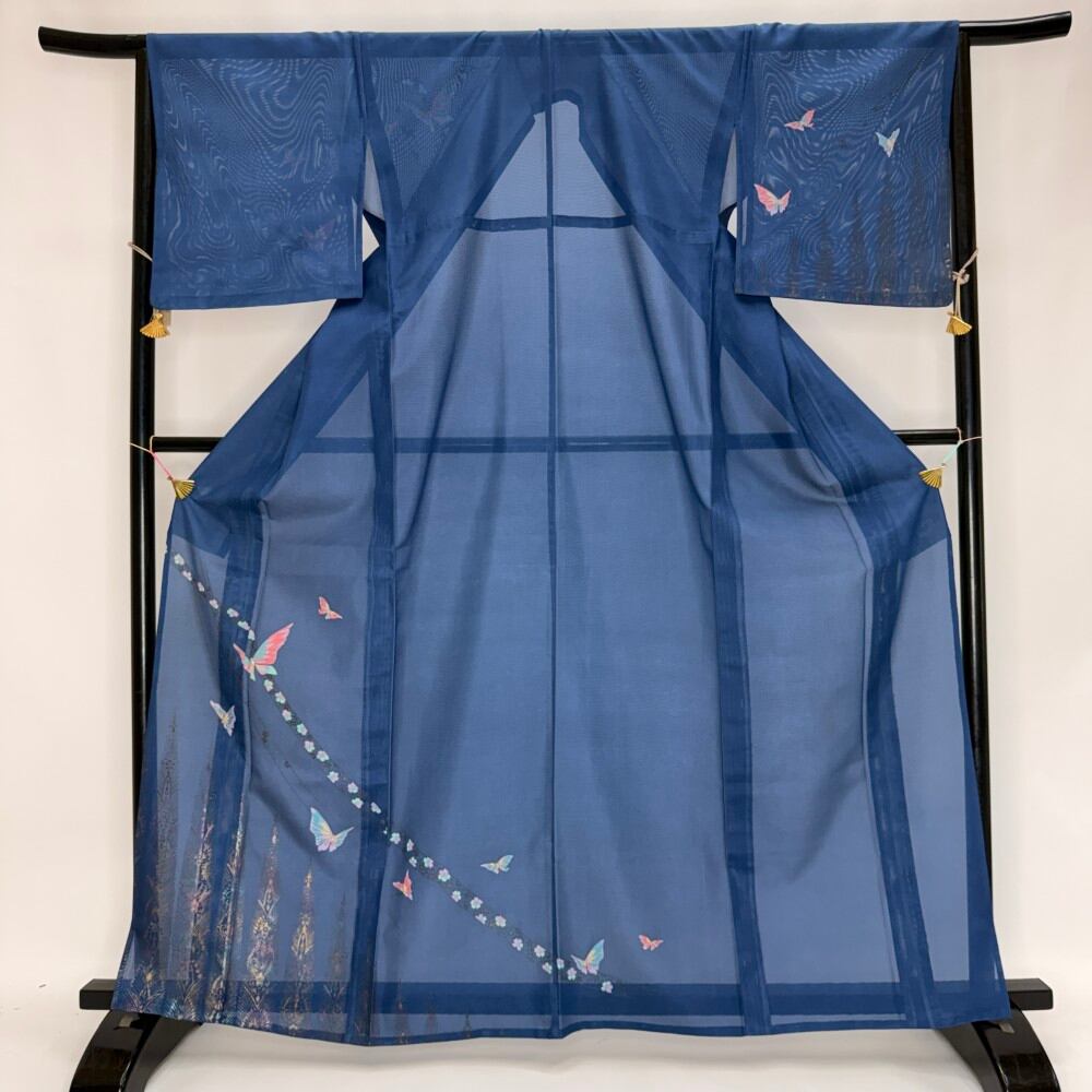 訪問着 付け下げ 絽 夏用 夏 洗える着物 礼装 ポリエステル 裄66cm M サイズ 紺 青 6134