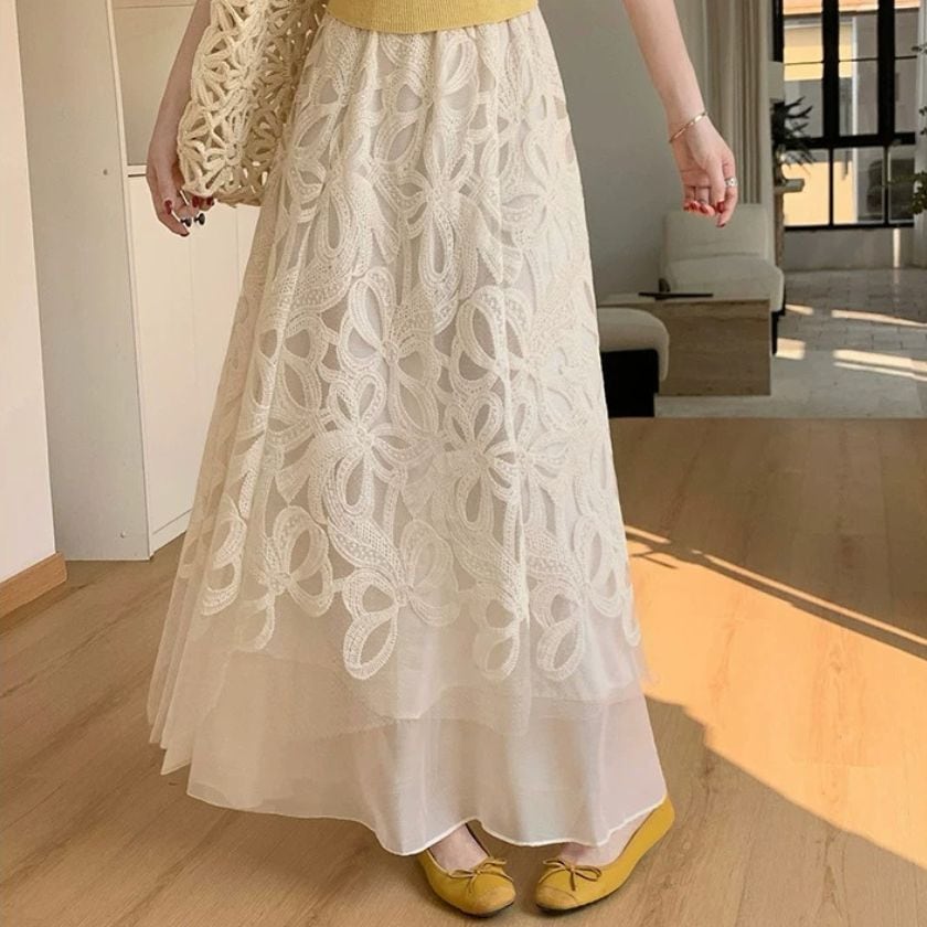 Lace x Tulle embroidery long skirt A1697 | arSelects