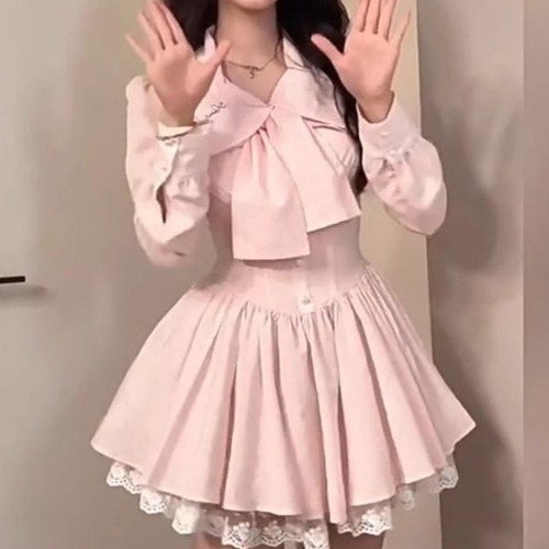 2色／ビッグリボンレースヘムフレアワンピ ・78397