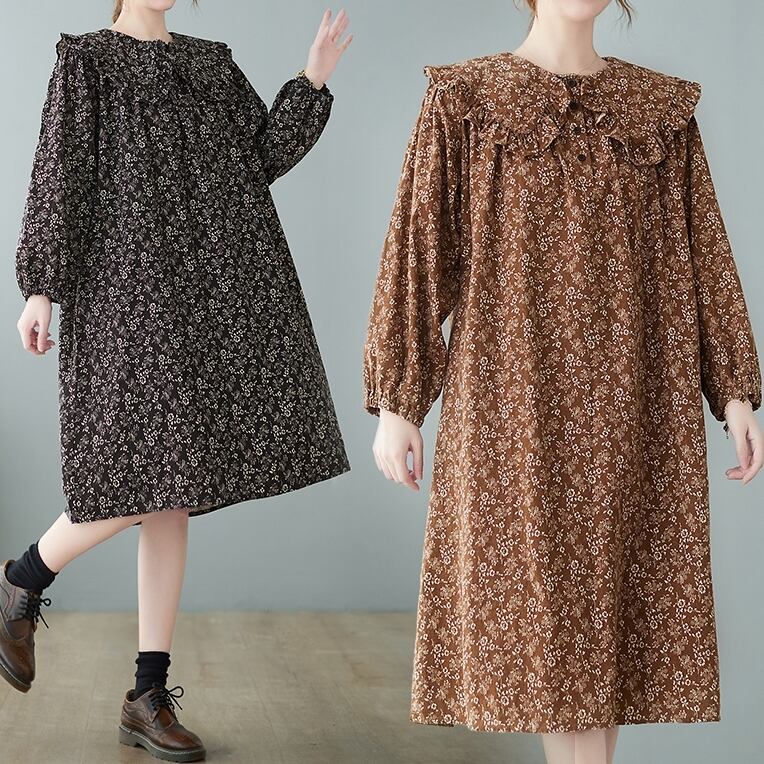 ワンピース レディース シャツワンピース ロングワンピース ミモレ ロング 長袖 ランタンスリーブ 襟付き セーラーカラー ビッグカラー ワイド Aライン プルオーバー かわいい 大人可愛い カジュアル 清楚 おしゃれ お洒落 大人 ナチュラル こなれ感 ラフ キュート ルーズ リラックス 抜け感 花柄 フラワー 学生 通学 デート お出かけ 女子会 休日 公園デビュー 送料無料 フリーサイズ ゆったり ゆる ブラウン 茶色 ブラック 黒 春 秋 10代 20代 30代 普段使い 楽ちん 体型カバー モテ