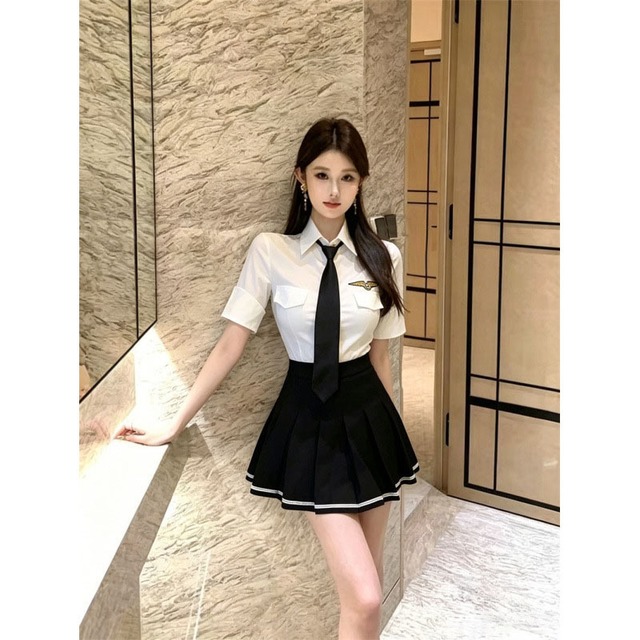 【2点】セットアップ レディース シャツ プリーツスカート 半袖 ネクタイ付き 制服風 パイロット風 ホワイト ブラック コスプレ カジュアル お出かけ 夏コーデDQ2-ZED881509DXH348B