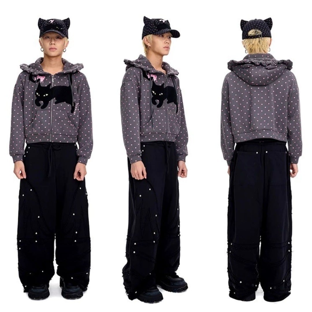 CFIERCE ユニセックス 猫耳×ドット キャップ Y2K 猫柄 ホワイト