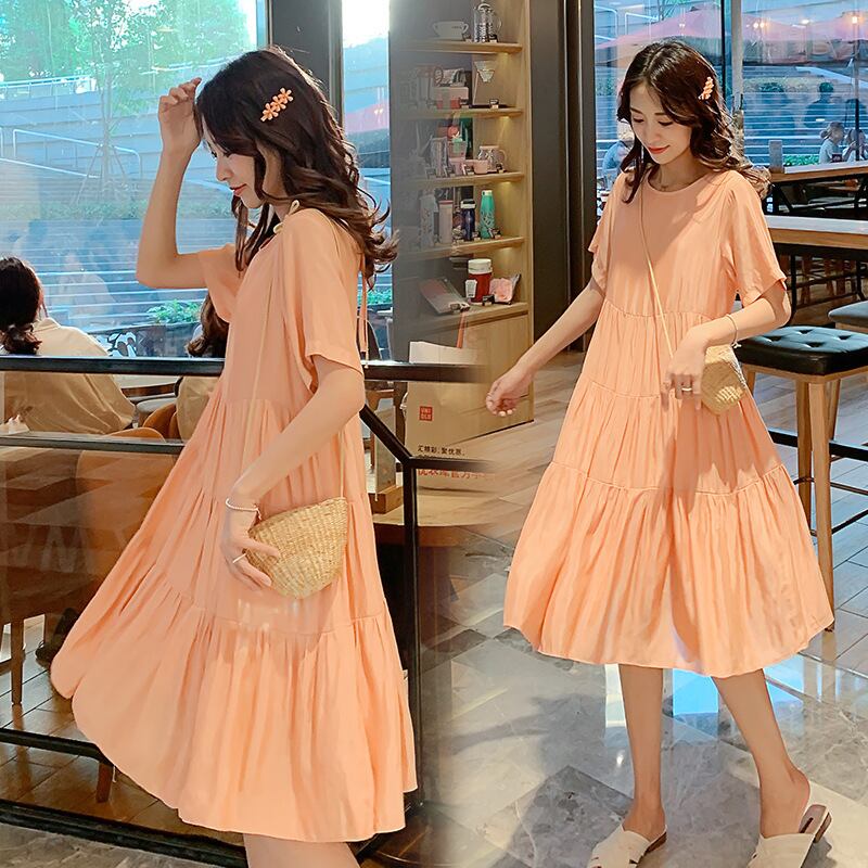 【新作】【送料無料】 マタニティドレス2020サマースタイルルーズとプラスサイズのジョイントレースアップケーキドレススタイルの妊婦ドレス 大きめサイズ 夏物 AL expec357453558423