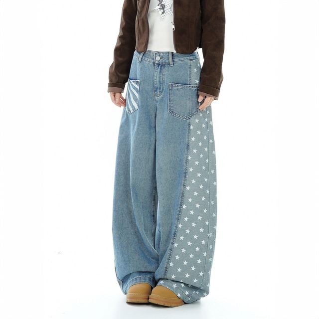 スターパターンストライプポケットデニムパンツ 2col   R02802