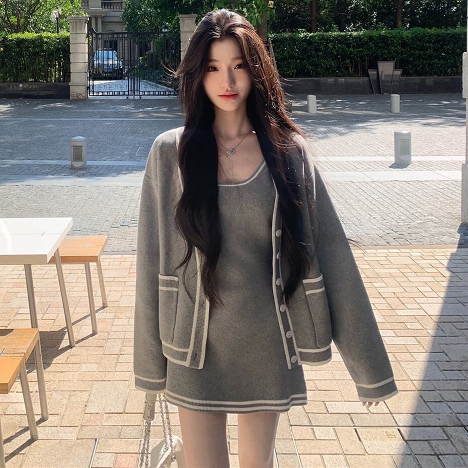 【set】カーディガン×ニットワンピースセット N3369