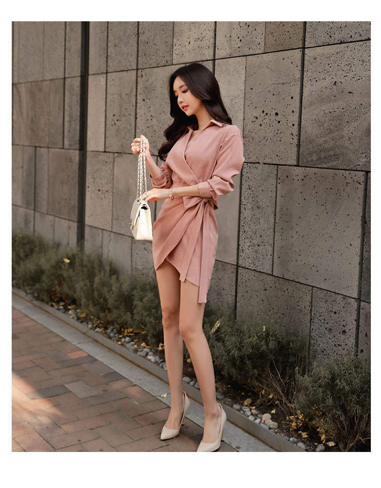 ワンピース 七分袖 レディース ピンク S-XL 襟付き Vネック