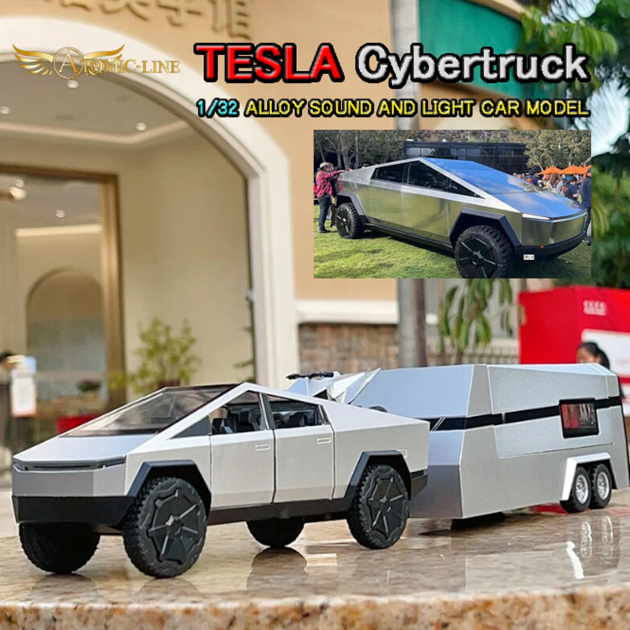 テスラ サイバートラック キャンピングトレーラー セット 1/32 ミニカー 全3色 ライト点灯 エンジンサウンド 合金モデル 模型 ジオラマ