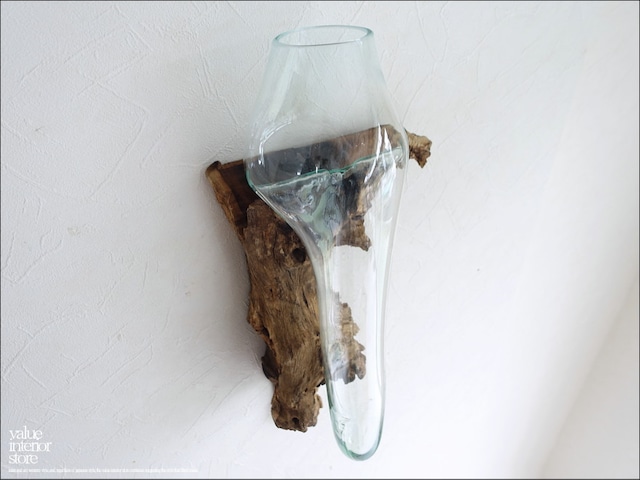 硝子フラワーベースwall/01 花瓶 プリミティブガラスベース 壁掛け 一輪挿し 吹きガラス 手づくり 無垢材 自然な様
