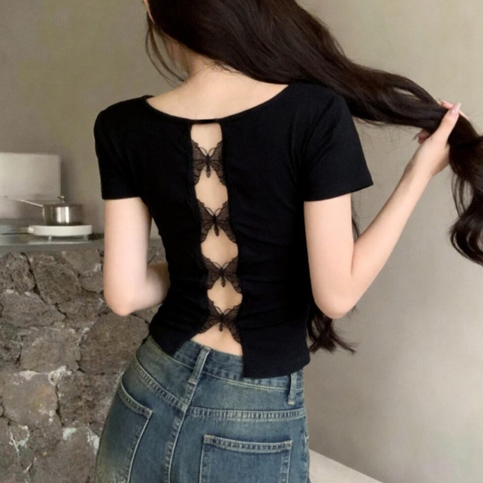 back sheer cropped tops / l0597