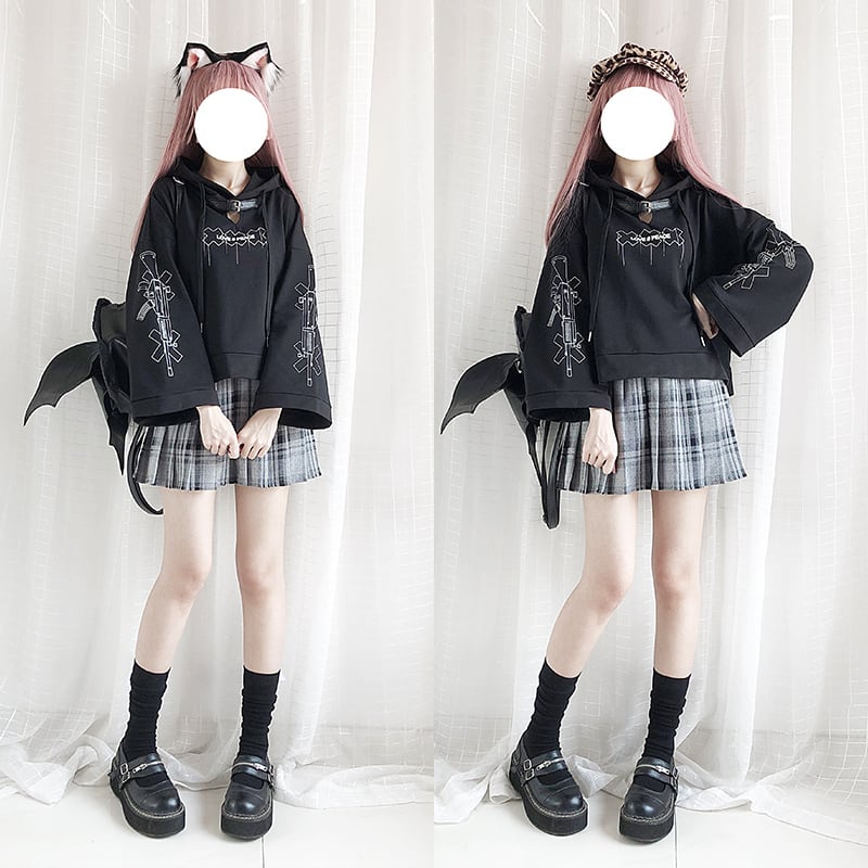 Catwish 病みかわいい Jk パーカー Love Peace バルーンスリーブ マシンガン ゴシック オリジナルブランド 原宿系 10代 代 ゴスロリファッション With U