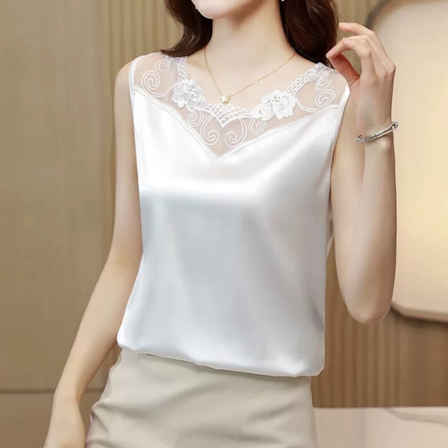 V neck elegant lace stitch silk camisole ( 4color )