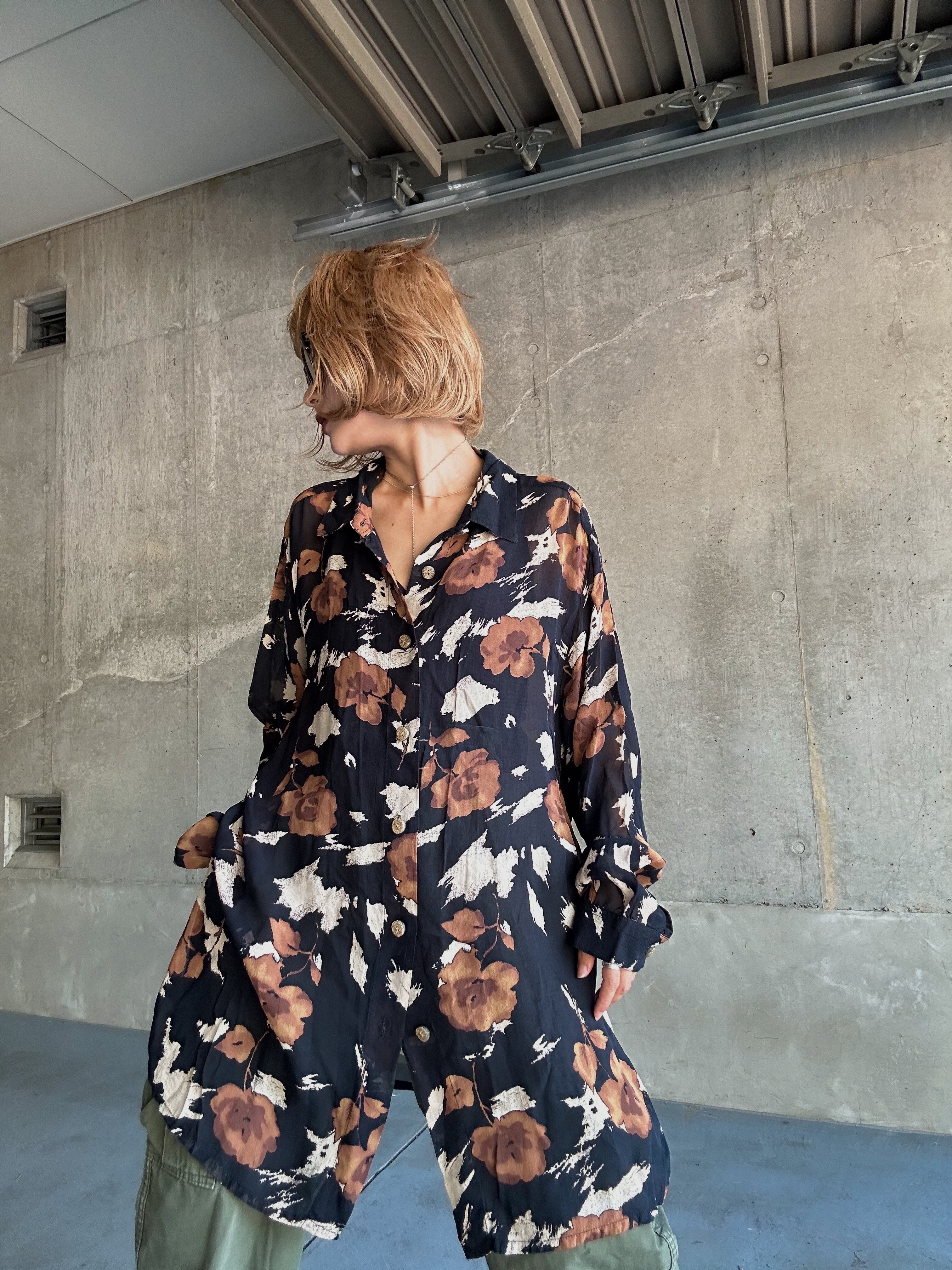(SH1266)Warm flower pattern rayon sheer shirt