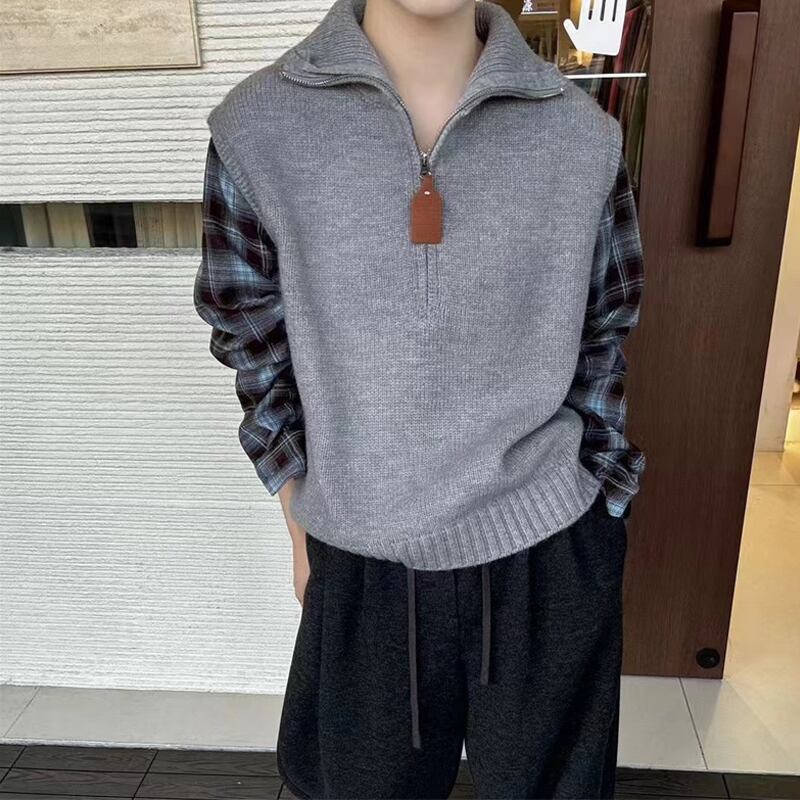 【tops】チェック柄袖ドッキングニットブラウス Q6256