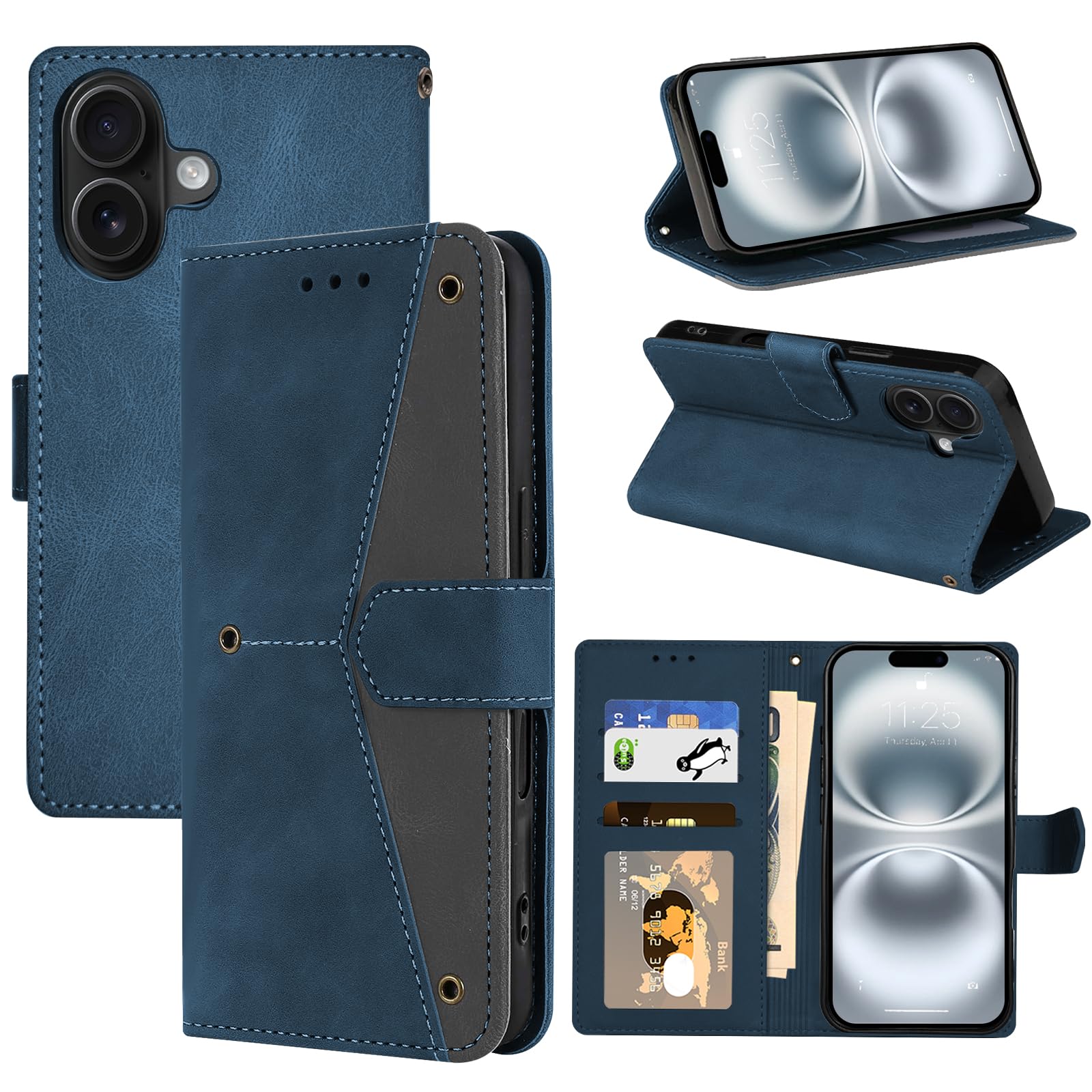 CaseForLuck iPhone 16 用 ケース 手帳型 カード収納 肌感レザー 耐衝撃 指紋防止(ブルー)
