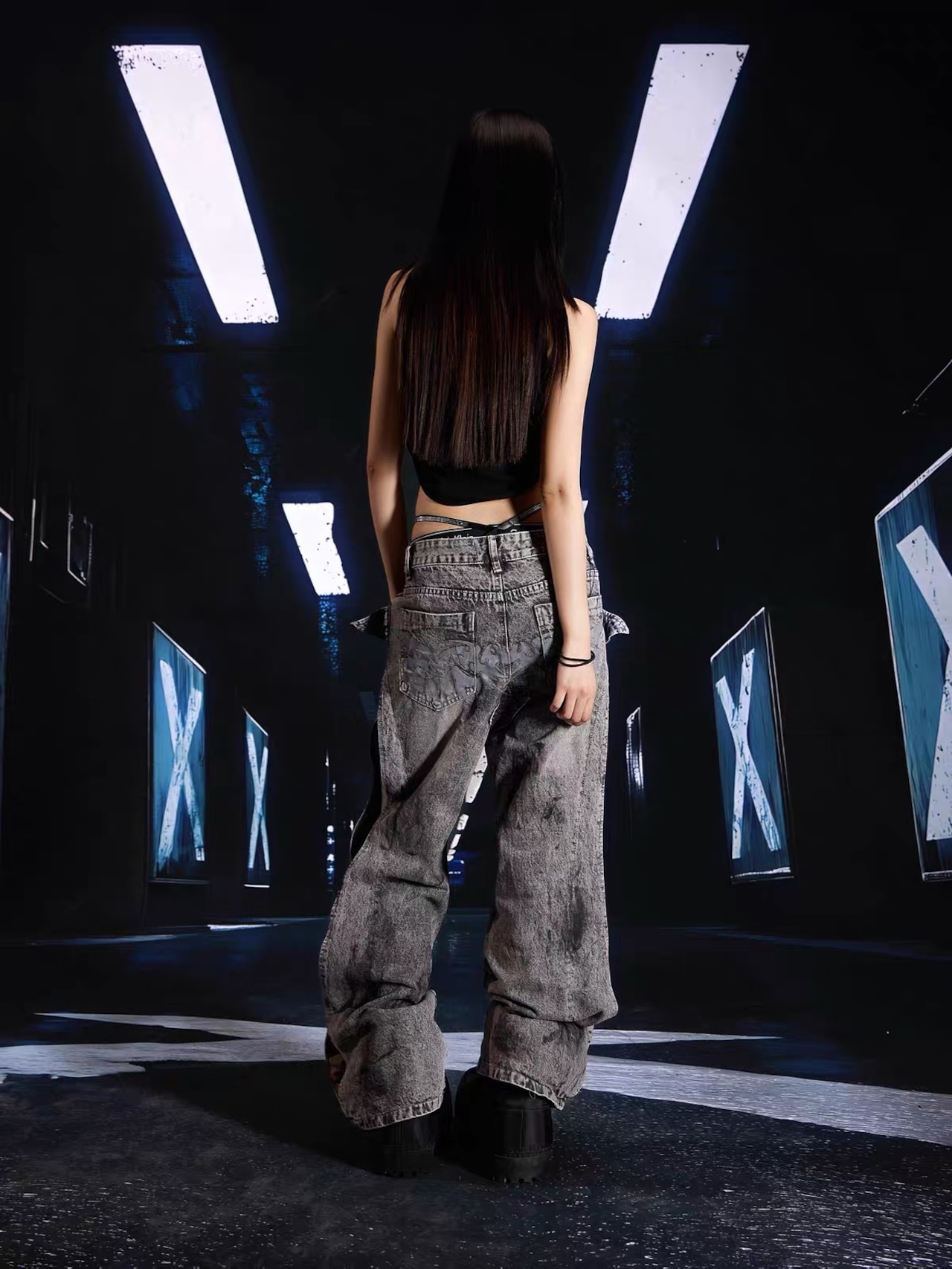 【SEXXDEVIL】Deconstructed Leather Panel Wash Wide Denim Pants
