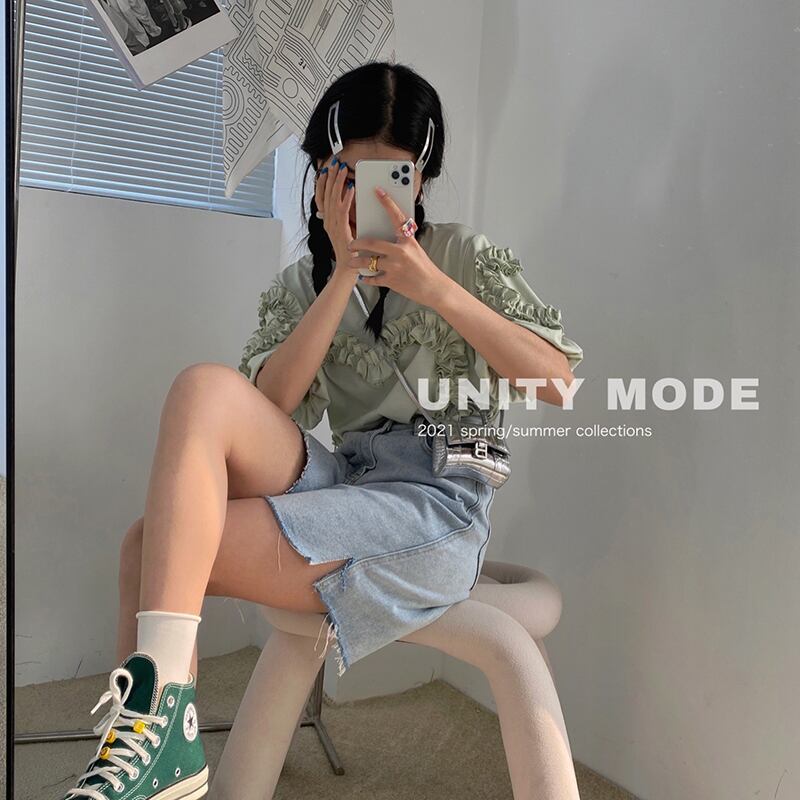 プリーツスリーブTシャツ サマールーズ薄手ラウンドネックトップス コットン 夏物 Oネック ビッグFスモールZ韓国86179262673