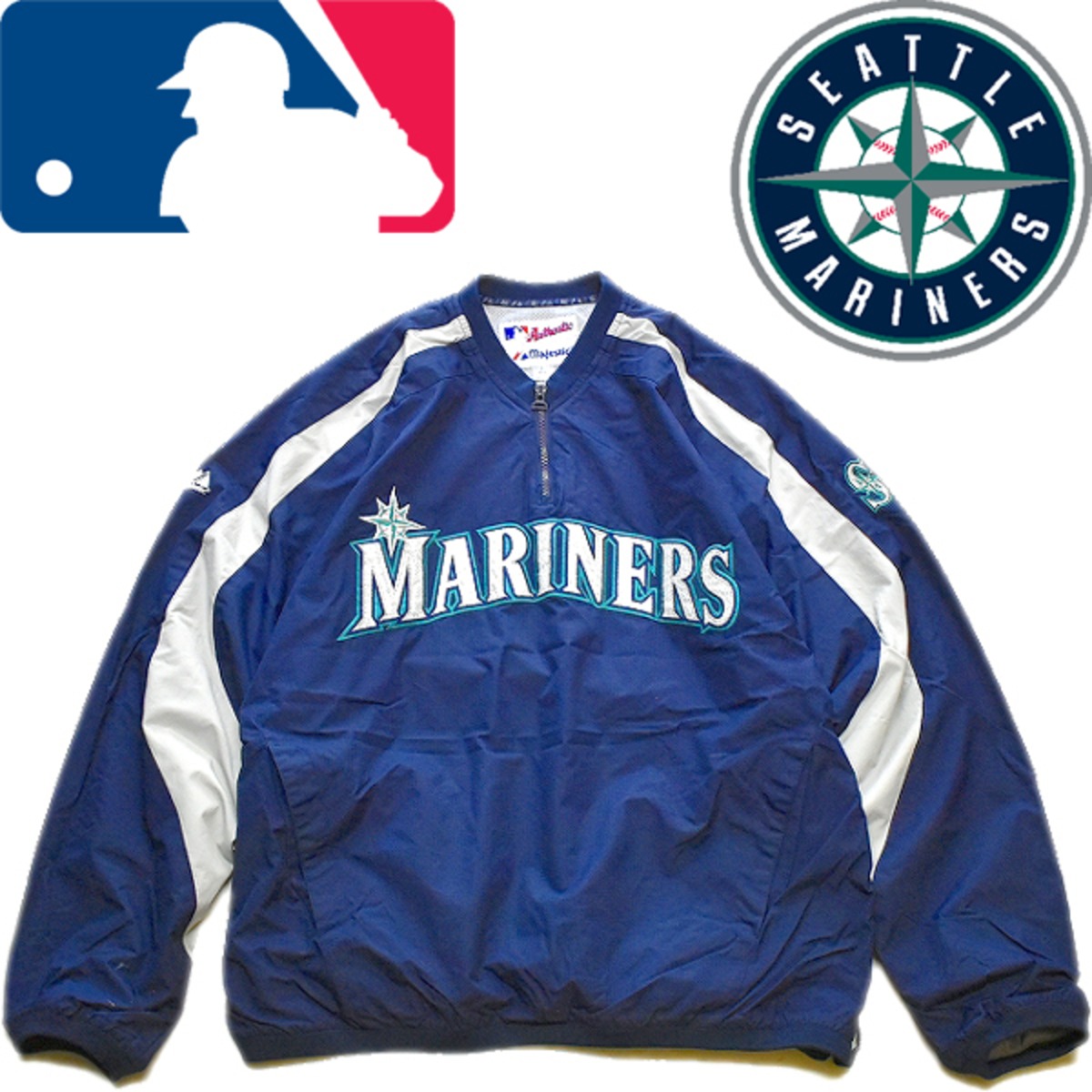 1点物◇MLBマリナーズMajesticプルオーバー紺ナイロンジャケット古着 
