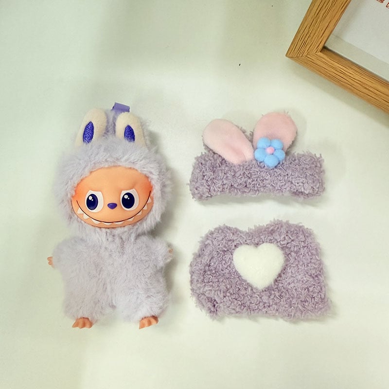 Labubu 4世代対応 かわいい もこもこロンパース + お花装飾うさ耳