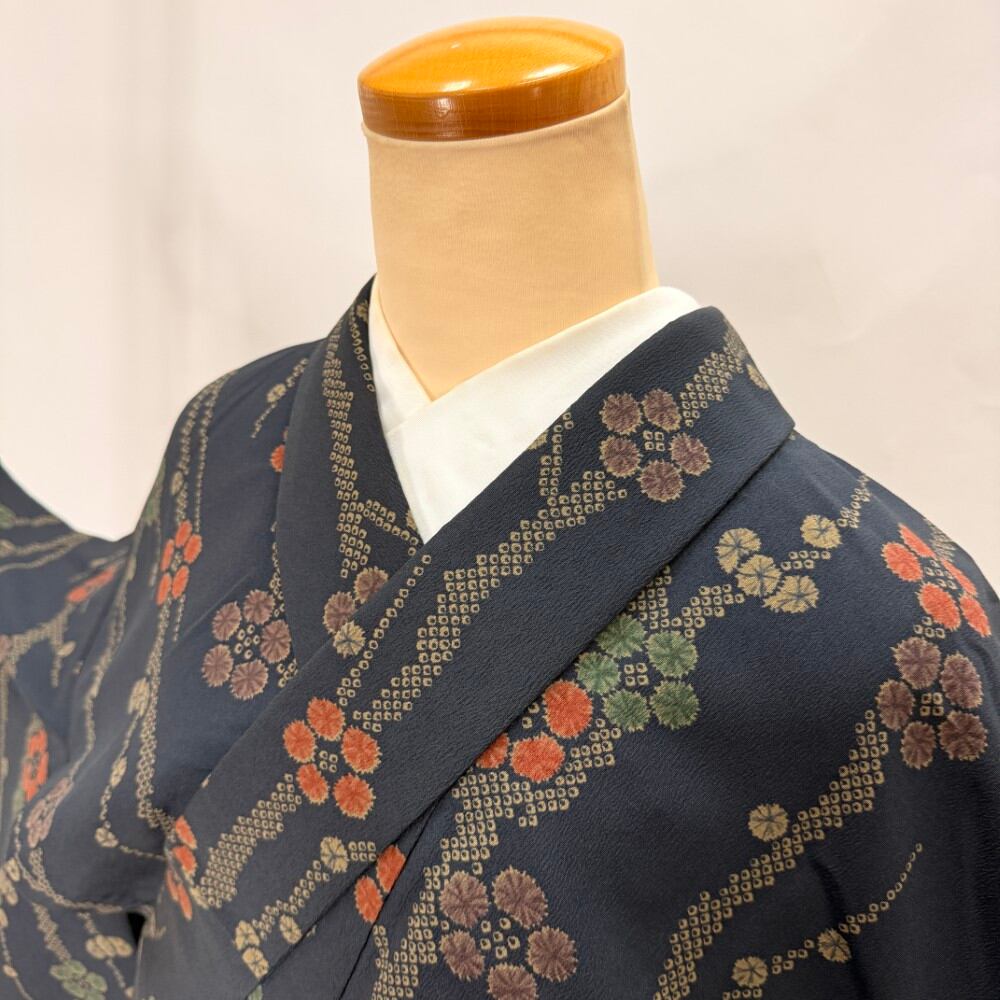 小紋 単衣 洗える着物 裄67.8cm 身丈158.5cm 花柄 お洒落着 普段着 ポリエステル 紺 美品 L サイズ 6381