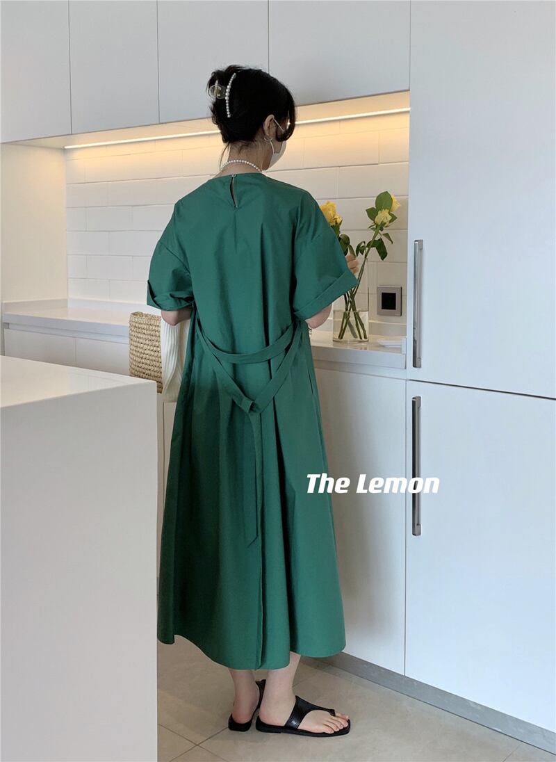 ソリッド カラーロングルーズベルト 半袖スリーブサマーレディース ショート ハーフスリーブ 夏物 ハーネス スカート ソリッドカラー ビッグFスモールZ韓国46172993573