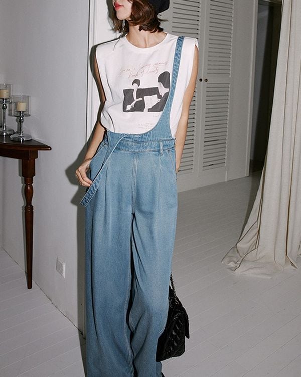Front tuck wide denim overalls TH3455 | Leithy