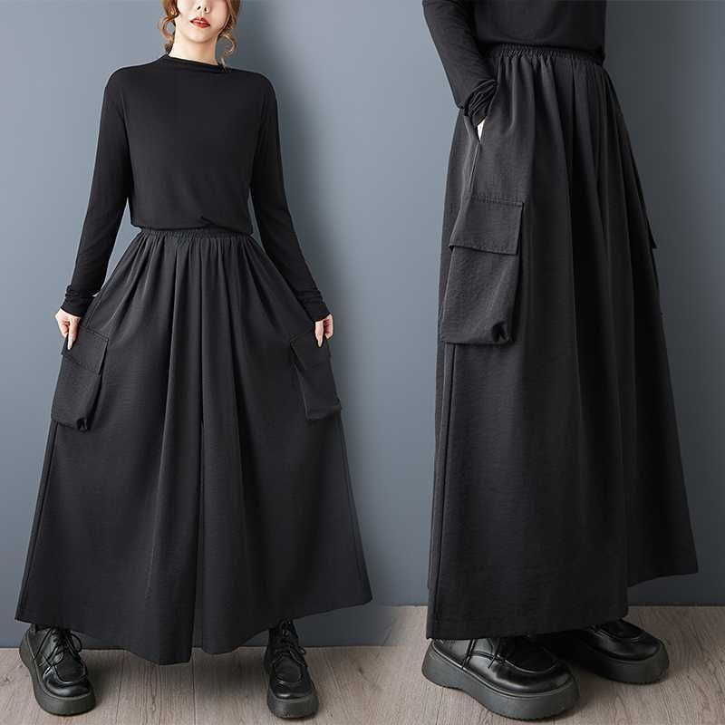 BLACK ELASTIC WAIST WIDE LEG A-LINE DESIGN PANTS 1color M-15814