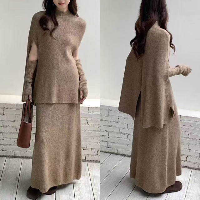 【set】アームウォーマー×ニットトップス×ロングスカート3点セット Q7785