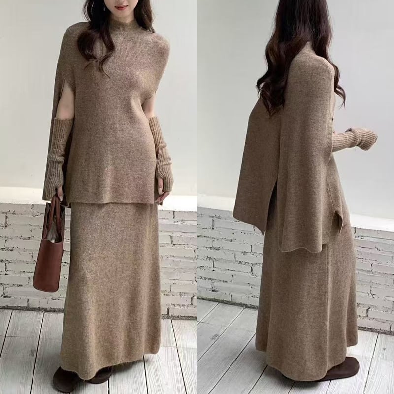 【set】アームウォーマー×ニットトップス×ロングスカート3点セット Q7785