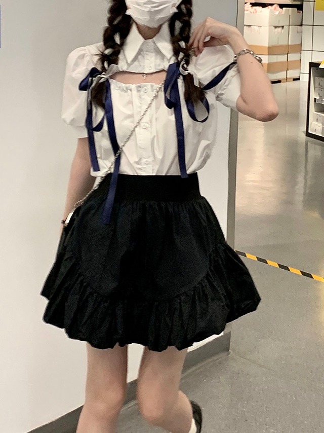 サマーギャザーリボン半袖スリーブシャツ ブラックハイウェストウェストスカート ショート ハーフスリーブ 夏物 Brother_is_Style1543409348