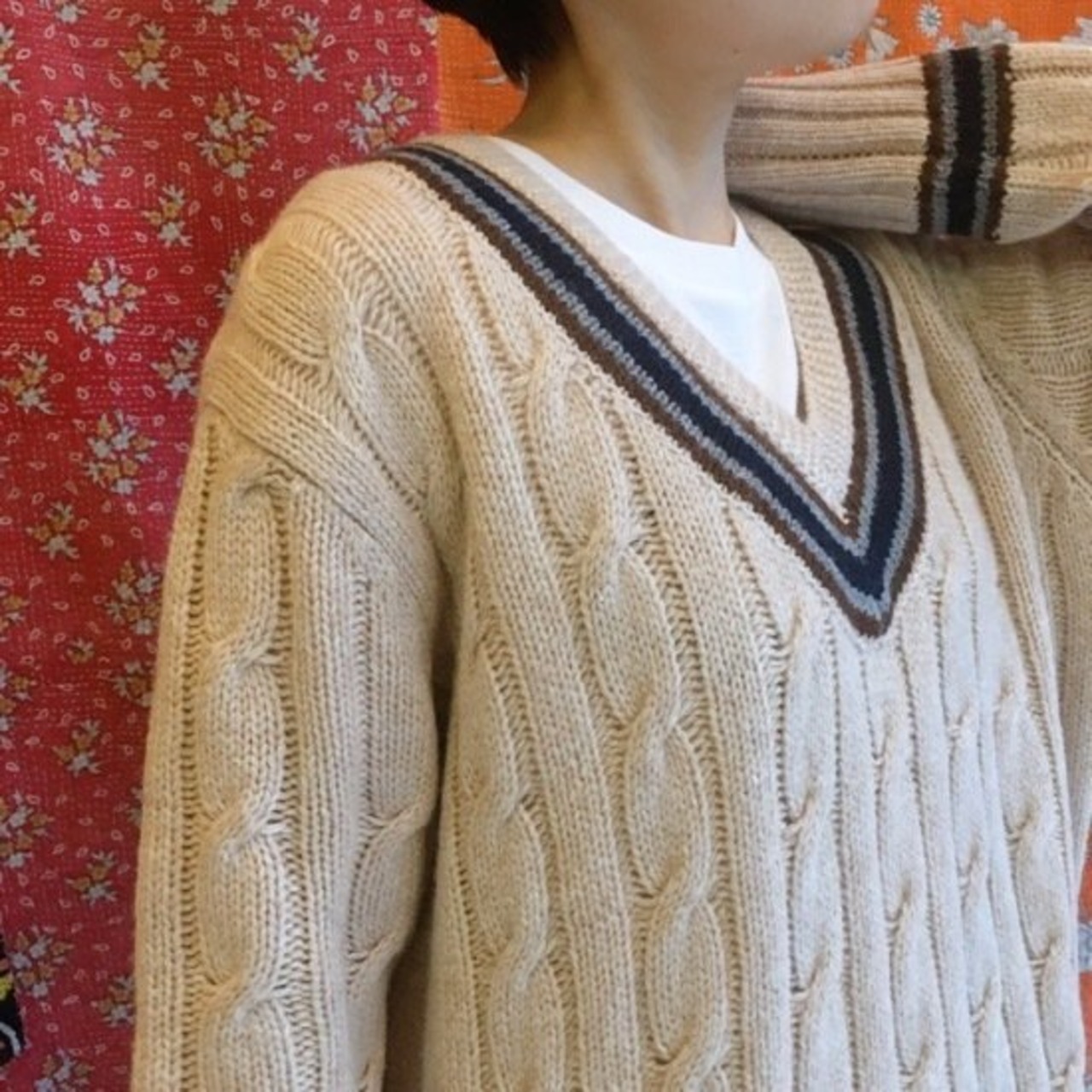 ICHI（イチ）　ラムケーブル　ロングVネックニット　ナチュラル【SALE】