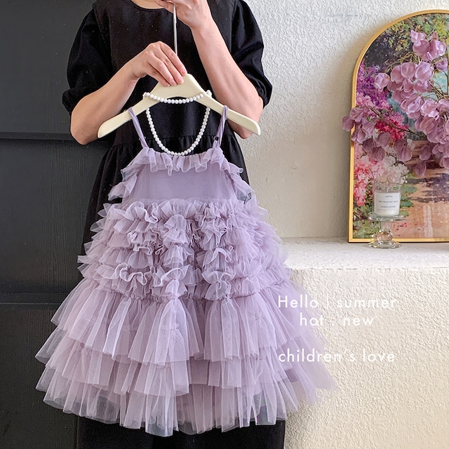 【予約販売】90-150cm ✨ 韓国子供服 ティアード チュール キャミソール ワンピース ドレス ケーキフリル ノースリーブ フォーマル 結婚式 発表会 誕生日 女の子 ホワイト イエロー パープル ♡