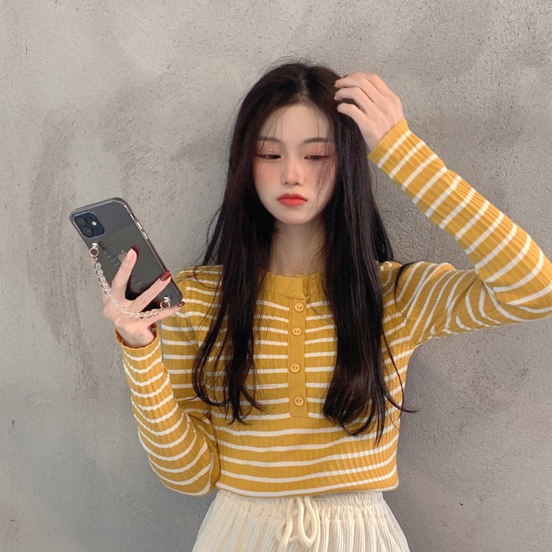 ストライプニットショートセーター スプリングスタイルトップス ロング 春物 ブラックストロベリース63616237729