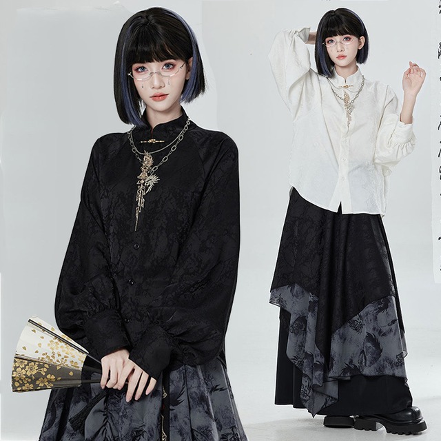 【卿棠---玄儺鎮厄シリーズ】★チャイナ風トップス★ 刺繍入り 2color シャツ 長袖シャツ ユニセックス 国風デザイン スタンドネック