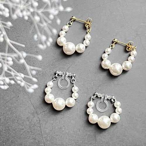 《2点セット》クリスタルパールのカーブラインネックレス＆フープピアス・イヤリング