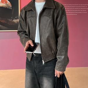 レトロショートブラウンフェイクレザーブルゾン　994